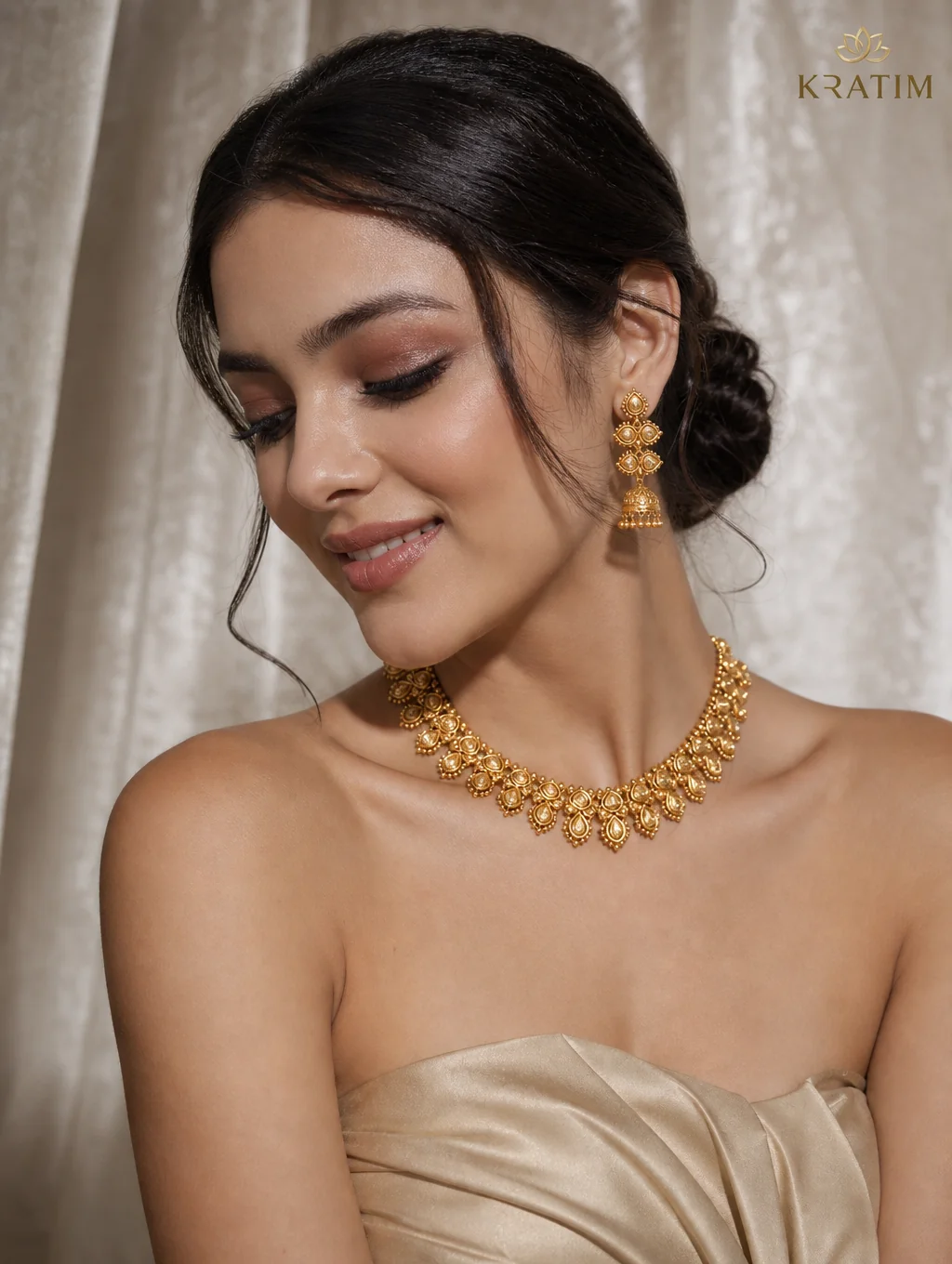 Model wearing elegant necklace and earrings