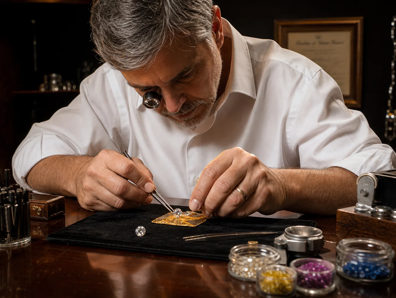 Artisan jeweler setting a diamond into a gold ring